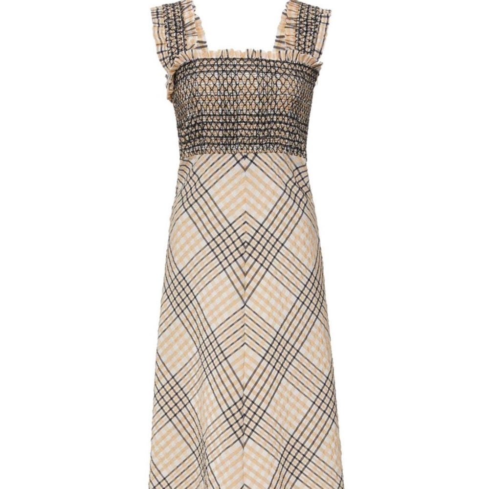GANNI Shirred checked cotton-blend seersucker maxi dress